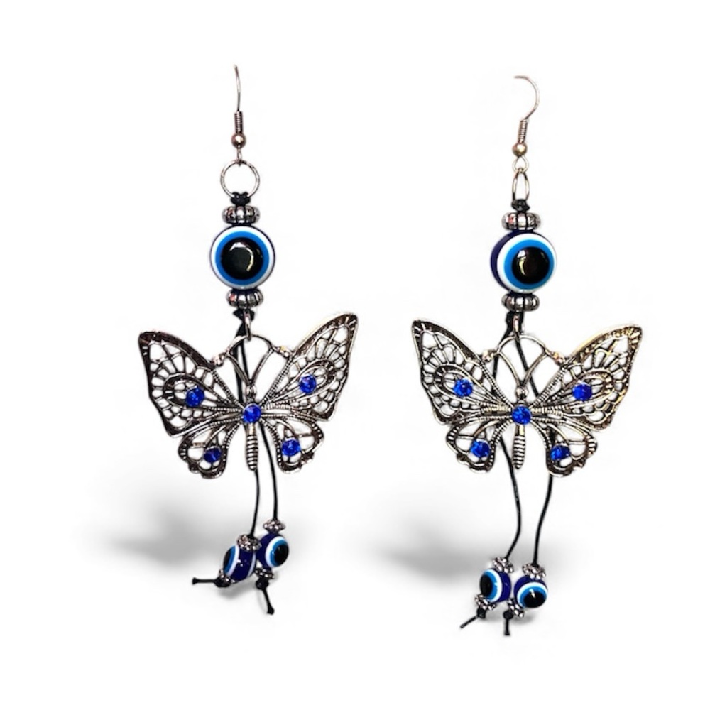 New Handmade Long Dangle Silver and Blue Butterfly Earrings